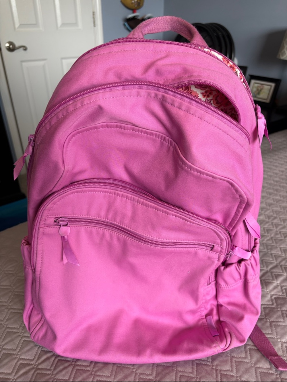 Vera Bradley Bright Pink Backpack with Floral Trim